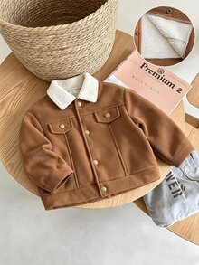 SHEIN 1件小男孩休閒時尚毛絨面料長袖翻領夾克外套，時尚毛領設計，柔軟舒適毛絨面料，適合秋冬穿著，適合4-7歲男孩日常穿著，適合運動、外出、校園及開學季 - 棕色 - 查看 7