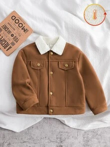 SHEIN 1件小男孩休閒時尚毛絨面料長袖翻領夾克外套，時尚毛領設計，柔軟舒適毛絨面料，適合秋冬穿著，適合4-7歲男孩日常穿著，適合運動、外出、校園及開學季 - 棕色 - 查看 6