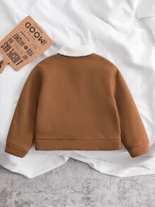 SHEIN 1件小男孩休閒時尚毛絨面料長袖翻領夾克外套，時尚毛領設計，柔軟舒適毛絨面料，適合秋冬穿著，適合4-7歲男孩日常穿著，適合運動、外出、校園及開學季 - 棕色 - 查看 2