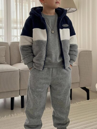 SHEIN 1pc Young Boy Casual Minimalist Plush Fabric Patchwork Long Sleeve Hooded Jacket, Fashionable Casual Design, Soft And Comfortable Plush Fabric, Suitable For Autumn/Winter Wear, Suitable For 4-7 Years Old Boys Daily Wear, Suitable For Sports, Outings, Campus And Back To School Season
