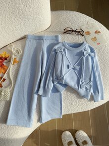 Genkimix Kids 女童秋冬時尚愛心圖案提花針織長袖套頭上衣與黑色長褲套裝 - 淺灰紫 - 查看 7