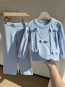 Genkimix Kids 女童秋冬時尚愛心圖案提花針織長袖套頭上衣與黑色長褲套裝 - 淺灰紫 - 查看 4