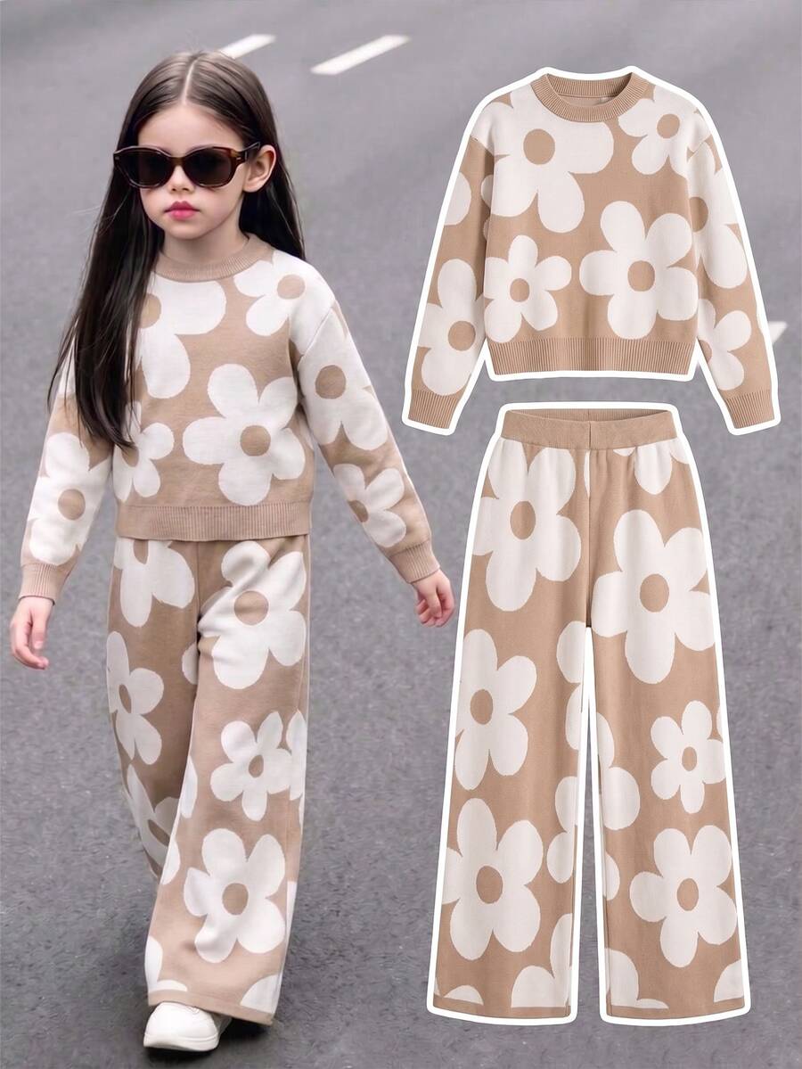 Girls' Autumn/Winter Fashion Pattern Jacquard Knit Sweater Long Sleeve Pullover & Long Pants Set - Multicolor - View 1