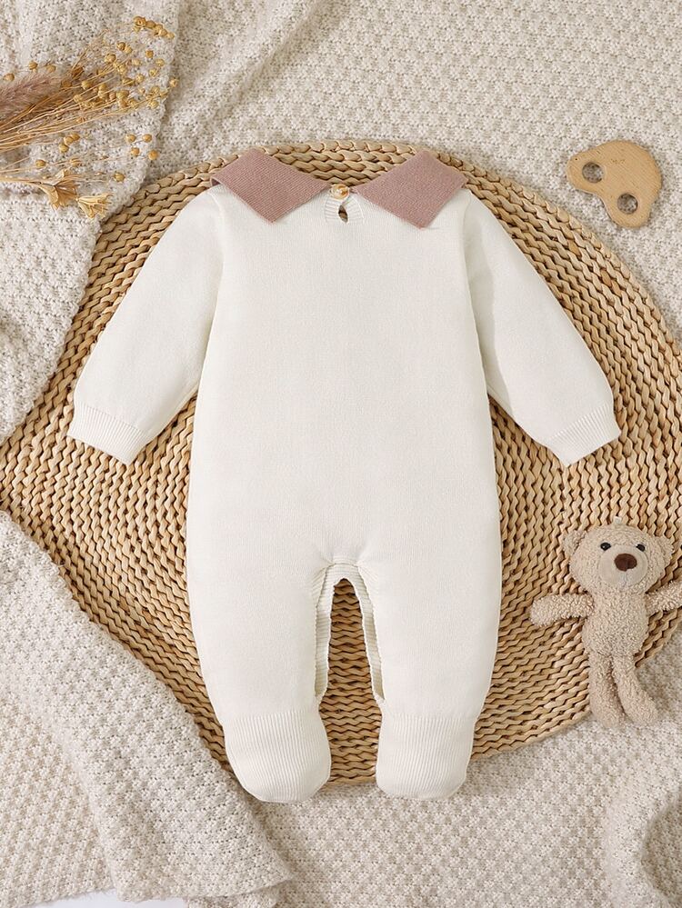 SHEIN Baby Boys Sweater Onesies, Jacquard Bear Knit Footed Romper, Cute Cartoon Newborn Jumpsuit, Winter Fashion, Autumn Family Matching Off-White - Beige - View 2
