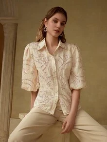 MOTF PREMIUM CONTRAST SEQUIN EMBROIDERY SHIRT - Pink - View 6