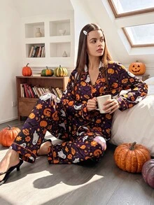 SHEIN طقم ملابس نوم بطبعة كرتونية بموضوع هالوين، مريح بياقة وأكمام طويلة وبنطال طويل - الأرجواني - مشاهدة 3