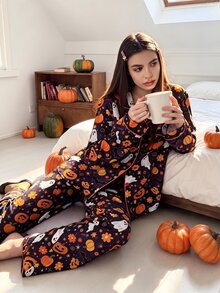 SHEIN طقم ملابس نوم بطبعة كرتونية بموضوع هالوين، مريح بياقة وأكمام طويلة وبنطال طويل - الأرجواني - مشاهدة 4