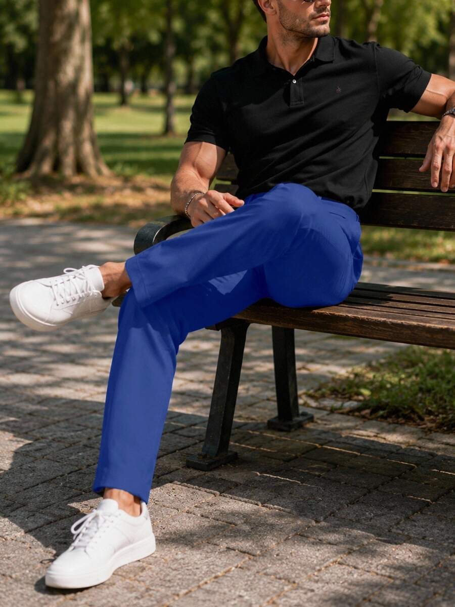 Manfinity Homme Men's Solid Color Casual Straight Leg Pants With Pockets, Versatile For Daily Wear And Travel - Royal Blue - View 1