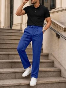 Manfinity Homme Men's Solid Color Casual Straight Leg Pants With Pockets, Versatile For Daily Wear And Travel - Royal Blue - View 4