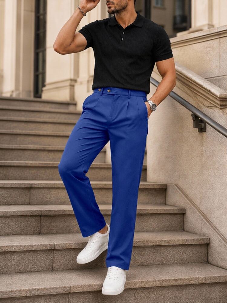 Manfinity Homme Men's Solid Color Casual Straight Leg Pants With Pockets, Versatile For Daily Wear And Travel - Royal Blue - View 4