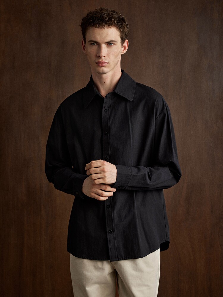 Manfinity CityGents Old Money Men's Cotton Casual Versatile Solid Color Long Sleeve Formal Shirt, Holiday Gift, Boyfriend Gift, Husband Gift - Black - View 6