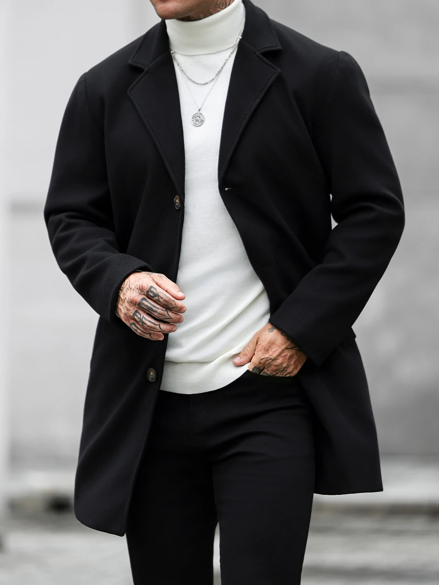 Manfinity CasualCool Men's Solid Color Lapel NeckLong Sleeve Single-Breasted Casual Overcoat - Black - View 1