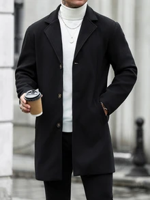 Manfinity CasualCool Men's Solid Color Lapel NeckLong Sleeve Single-Breasted Casual Overcoat - Black - View 5