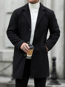 Manfinity CasualCool Men's Solid Color Lapel NeckLong Sleeve Single-Breasted Casual Overcoat - Black - View 3