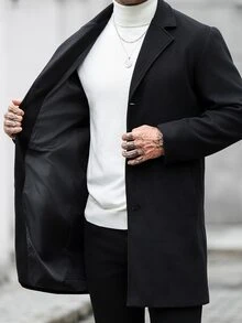 Manfinity CasualCool Men's Solid Color Lapel NeckLong Sleeve Single-Breasted Casual Overcoat - Black - View 7