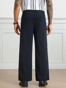HUEFORM Men's Striped Fabric Long Pants, Deep Navy Blue, Back Pocket, Straight Leg, Subtle Stripes, Draped, Comfortable, Home & Daily Wear - Navy Blue - View 2