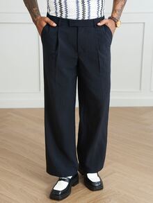 HUEFORM Men's Striped Fabric Long Pants, Deep Navy Blue, Back Pocket, Straight Leg, Subtle Stripes, Draped, Comfortable, Home & Daily Wear - Navy Blue - View 3