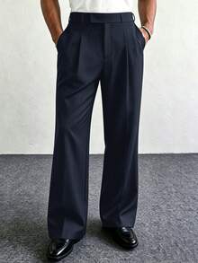 HUEFORM Men's Striped Fabric Long Pants, Deep Navy Blue, Back Pocket, Straight Leg, Subtle Stripes, Draped, Comfortable, Home & Daily Wear - Navy Blue - View 4