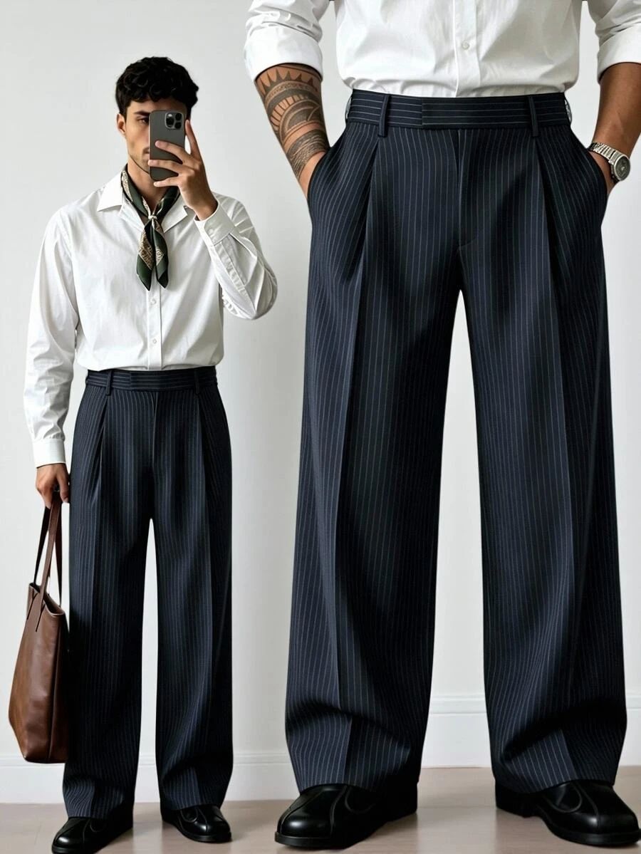HUEFORM Men's Striped Fabric Long Pants, Deep Navy Blue, Back Pocket, Straight Leg, Subtle Stripes, Draped, Comfortable, Home & Daily Wear - Navy Blue - View 1