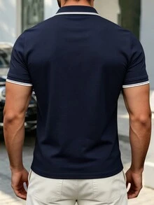 Manfinity Homme 男士對比飾邊短袖 Polo 衫，商務休閒風 - 寶藍色 - 查看 2