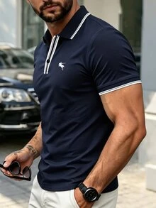 Manfinity Homme 男士對比飾邊短袖 Polo 衫，商務休閒風 - 寶藍色 - 查看 5