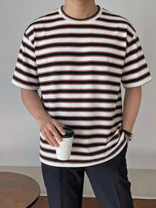 DAZY Summer Orange Navy Blue White Striped Multi-Color Short Sleeve Men's T-Shirt - Multicolor - View 4