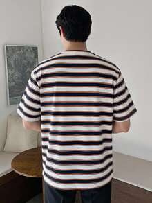 DAZY Summer Orange Navy Blue White Striped Multi-Color Short Sleeve Men's T-Shirt - Multicolor - View 2