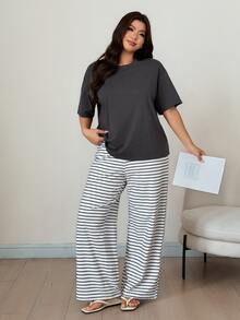 Dazy Plus Casual Pullover Top & Striped Long Pants 2pcs Set, Spring Summer Autumn Loungewear Outfit - Grey - View 1