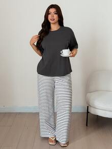 Dazy Plus Casual Pullover Top & Striped Long Pants 2pcs Set, Spring Summer Autumn Loungewear Outfit - Grey - View 6