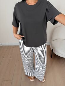 Dazy Plus Casual Pullover Top & Striped Long Pants 2pcs Set, Spring Summer Autumn Loungewear Outfit - Grey - View 5