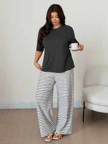 Dazy Plus Casual Pullover Top & Striped Long Pants 2pcs Set, Spring Summer Autumn Loungewear Outfit - Grey - View 2