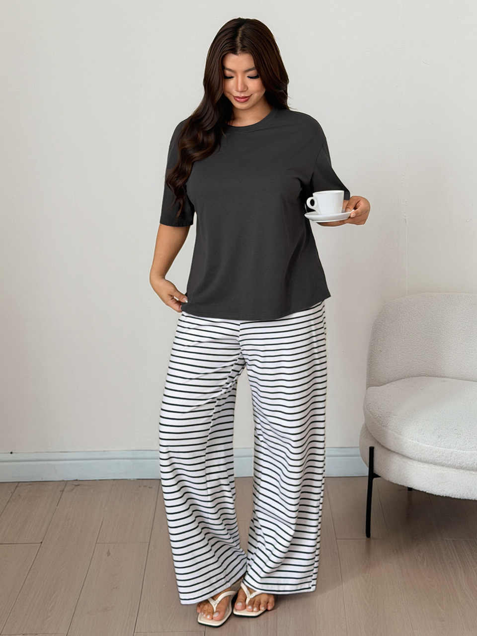Dazy Plus Casual Pullover Top & Striped Long Pants 2pcs Set, Spring Summer Autumn Loungewear Outfit