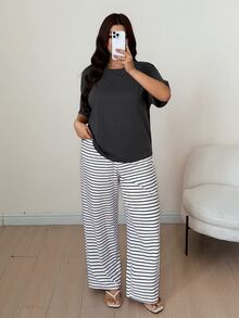 Dazy Plus Casual Pullover Top & Striped Long Pants 2pcs Set, Spring Summer Autumn Loungewear Outfit - Grey - View 7