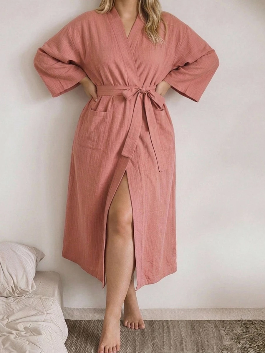 Dazy Plus Solid Color Casual Loose Tie-Waist Long Sleeve Spring/Autumn New Pink Loungewear Robe - Pink - View 1