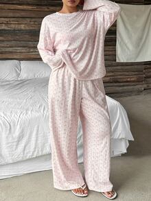 Dazy Plus Ditsy Floral Long Sleeve Pullover Top And Long Pants 2-Piece Set, Cute Spring/Autumn Pajama Loungewear - Pink - View 3