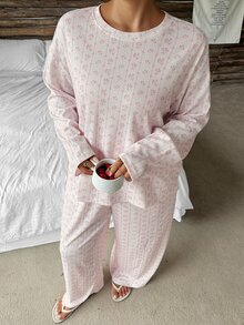 Dazy Plus Ditsy Floral Long Sleeve Pullover Top And Long Pants 2-Piece Set, Cute Spring/Autumn Pajama Loungewear - Pink - View 2