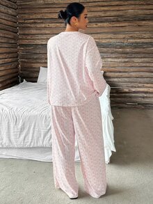 Dazy Plus Ditsy Floral Long Sleeve Pullover Top And Long Pants 2-Piece Set, Cute Spring/Autumn Pajama Loungewear - Pink - View 5