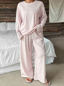 Dazy Plus Ditsy Floral Long Sleeve Pullover Top And Long Pants 2-Piece Set, Cute Spring/Autumn Pajama Loungewear - Pink - View 1