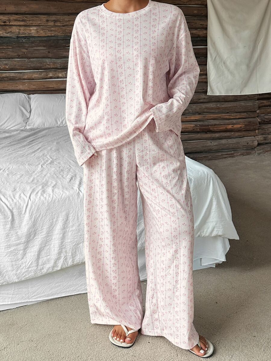 Dazy Plus Ditsy Floral Long Sleeve Pullover Top And Long Pants 2-Piece Set, Cute Spring/Autumn Pajama Loungewear - Pink - View 1