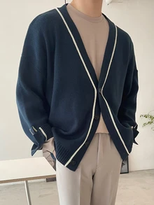 DAZY Men's V-Neck Colorblock Casual Daily Cardigan - Navy Blue - View 6