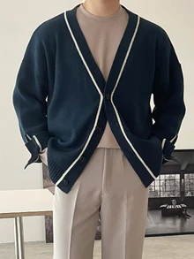 DAZY Men's V-Neck Colorblock Casual Daily Cardigan - Navy Blue - View 7