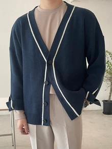 DAZY Men's V-Neck Colorblock Casual Daily Cardigan - Navy Blue - View 2