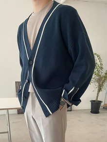 DAZY Men's V-Neck Colorblock Casual Daily Cardigan - Navy Blue - View 4