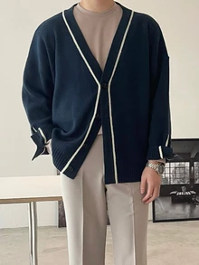 DAZY Men's V-Neck Colorblock Casual Daily Cardigan - Navy Blue - View 3