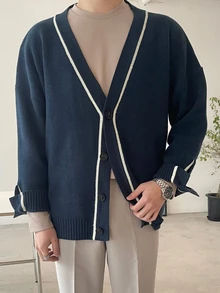 DAZY Men's V-Neck Colorblock Casual Daily Cardigan - Navy Blue - View 8