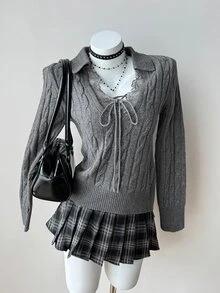 DAZY Women's Lace Patchwork Casual Versatile Daily Long Sleeve Sweater Fall - Grey - View 2