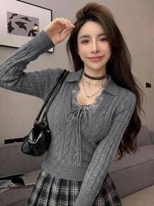 DAZY Women's Lace Patchwork Casual Versatile Daily Long Sleeve Sweater Fall - Grey - View 10