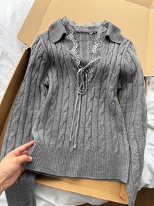 DAZY Women's Lace Patchwork Casual Versatile Daily Long Sleeve Sweater Fall - Grey - View 4