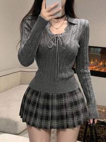 DAZY Women's Lace Patchwork Casual Versatile Daily Long Sleeve Sweater Fall - Grey - View 1