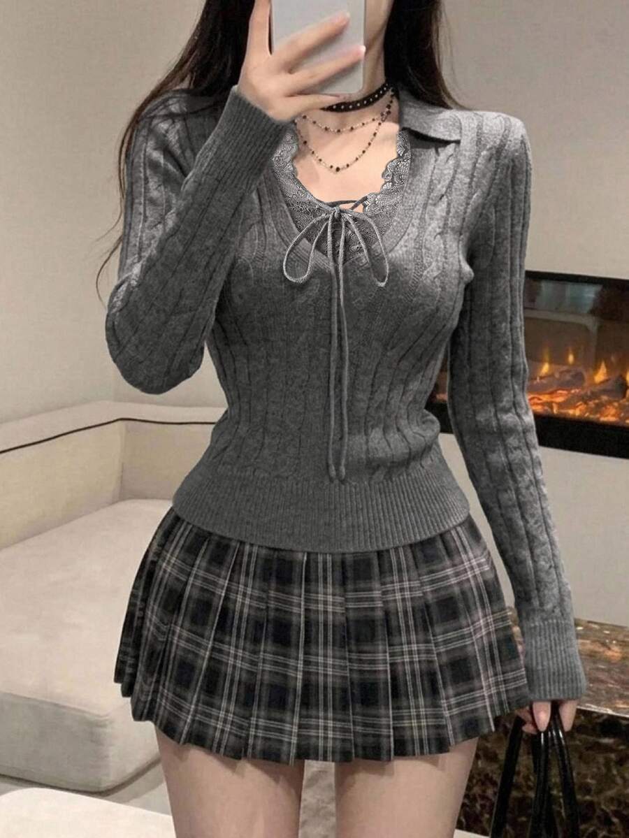 DAZY Women's Lace Patchwork Casual Versatile Daily Long Sleeve Sweater Fall - Grey - View 1